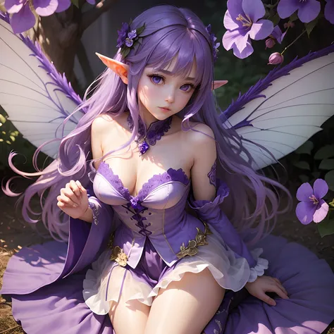 (Best Quality,Ultra-detailed,Realistic:1.37)、Violet Flower Fairy、An 18-year-old woman、独奏、Anthropomorphic violet、(Clear eyes:1.5)、Bewitching look、Light purple hair、Violet hair ornament、Elf-like pointed ears、Fairy with wings、(Flashy clothes with violet motif...