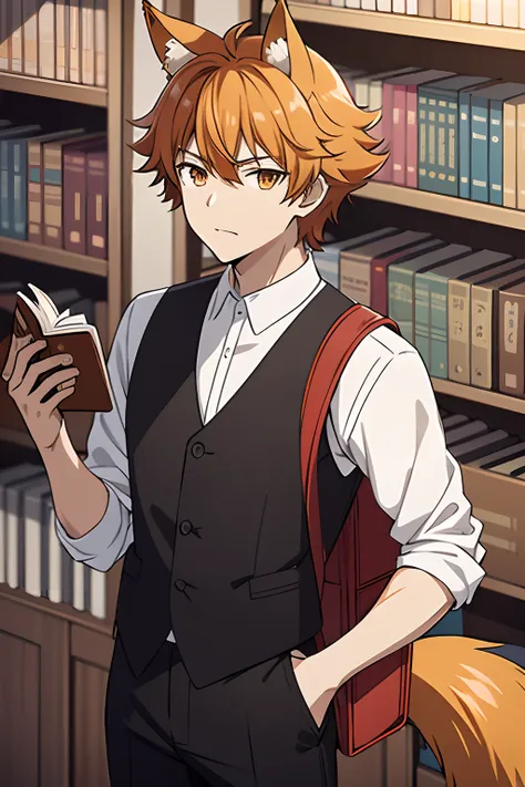 Anime, Man, Adult, Handsome, Handsome Look, Solo, Messy Hair, Orange Fox Ears, Orange Fox Tail, Brown Eyes, White Shirt, White T-shirt, Black Vest, Black Suit Vest, Black Jeans, Bookbag, Library Setting, Books