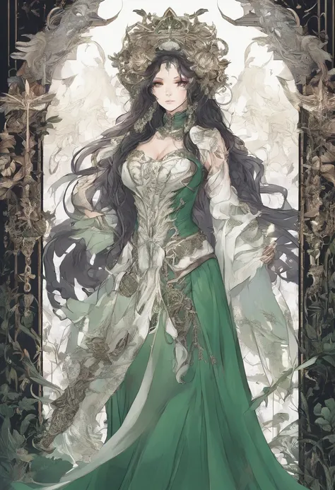 medieval times，A handsome woman resembling a man has long dark green hair、Golden eyes，The expression is cold，A poisonous snake wrapped around his neck，viciousness，unholy，badass，Wearing white delicate religious clothes，In the middle of the wilderness，Full b...