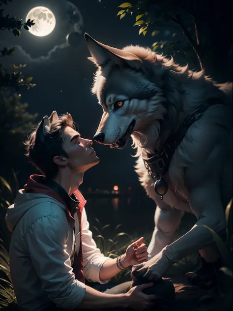 Man at night with a wolf looking at the moon."