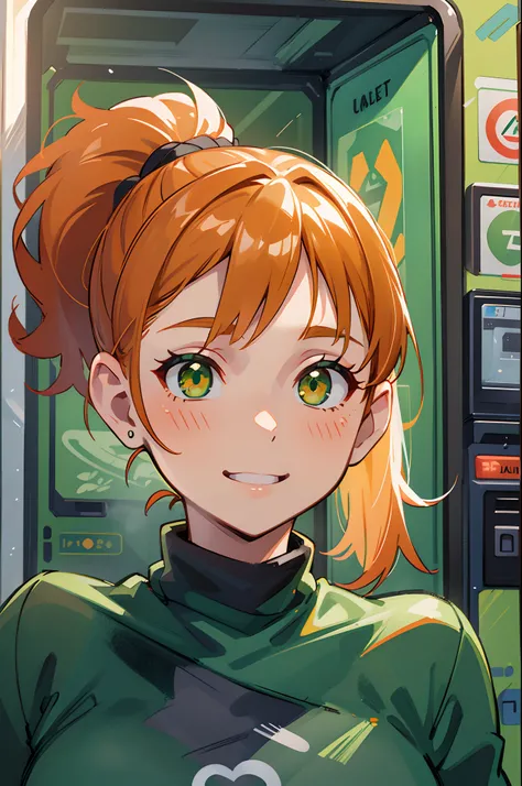 (Best Quality,Ultra-detailed,Realistic),girl,20 years old,Orange hair,Glowing green eyes,Side Ponytail,Radiant smile,Black Turtleneck T-Shirt,Green jacket,Stand in front of a vending machine