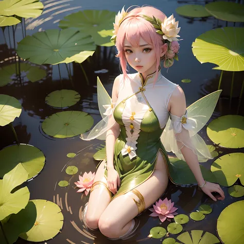 (Best Quality,Ultra-detailed,Realistic:1.37)、Lotus Grass Fairy、An 18-year-old woman、独奏、Anthropomorphic lotus grass、(Clear eyes:1.5)、Bewitching look、Light pink hair、Fairy with wings、(Flashy clothes with lotus grass motif:1.5、Emphasis on the characteristics ...