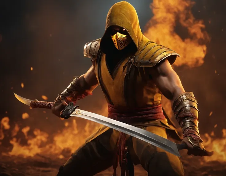 um close up de uma pessoa segurando uma espada em um fogo, scorpion from mortal kombat, Personagem de Mortal Kombat, Mortal Kombat 11, em Kombat mortal, Kombat mortal, arte da capa do videogame, Goro, Mortal Kombat, Estilo de Mortal Kombat, personagem de j...