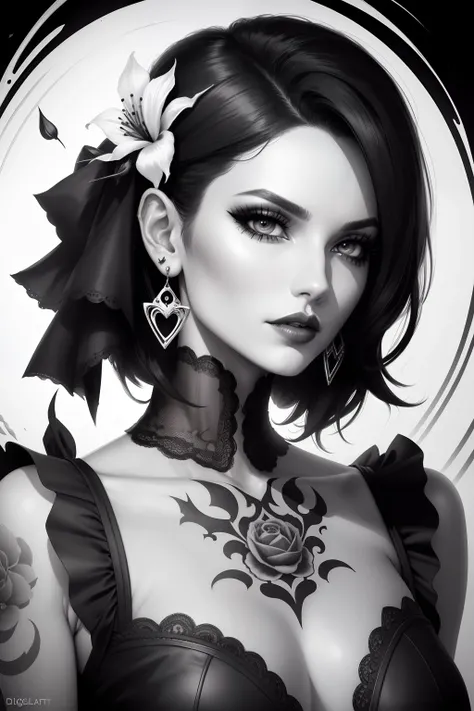 DigiArt Style, woman grimm reaper, solo, looking at viewer, short hair, simple background, white background, jewelry, monochrome, greyscale, earrings, parted lips, lips, petals, eyelashes, tattoo, makeup, watermark, piercing, ear piercing, portrait, digita...