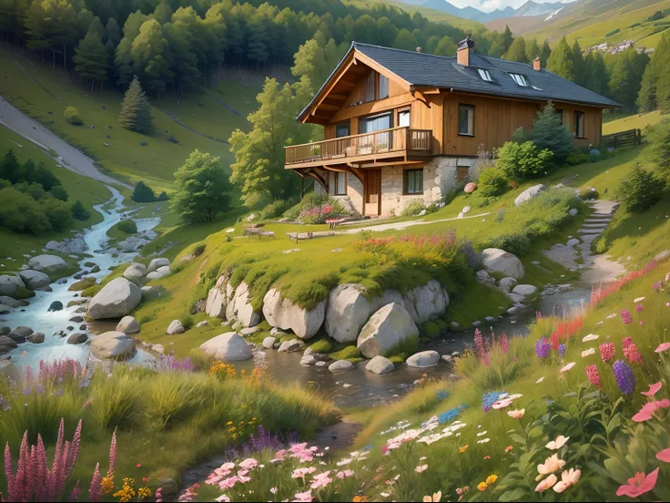 Detached holiday house, On the hillside,There is a stream next to it, wildflowers,snow mountains,blue-sky.