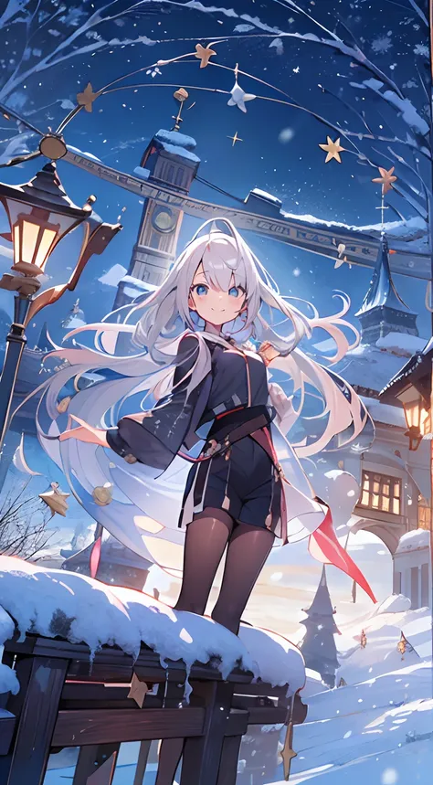 masutepiece, Best Quality,Illustration, Wallpaper, ultra -detail, Absurd beauty, 1beautiful girl、Bright hair color、Glitter and big eyes、Hair fluttering in the wind、ample breasts、♡、Smaller head、Winter scene、miscievous smile、Angle looking up from below