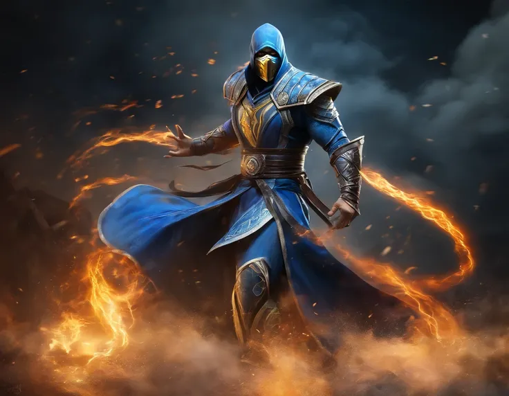 ((Subzero do mortal Kombat, ultra realistic)), (((corpo inteiro))), ((perfect hands)), atordoante, hyper realistic, octan render, surrounded by the effect of smoke and lightning, Estilo Mortal Kombat, fundo antigo, elegante, atordoante, (papel de parede), ...