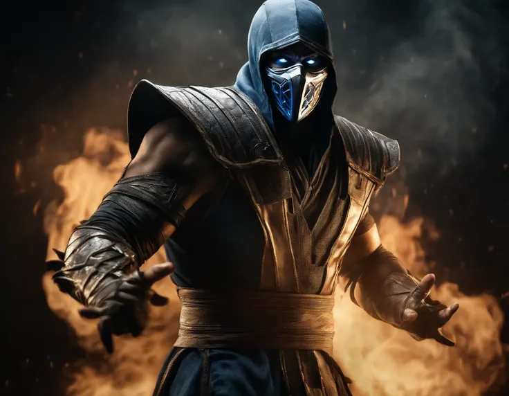 ((Subzero do mortal Kombat, ultra realistic)), (((corpo inteiro))), ((perfect hands)), atordoante, hyper realistic, octan render, surrounded by the effect of smoke and lightning, Estilo Mortal Kombat, fundo antigo, elegante, atordoante, (papel de parede), ...