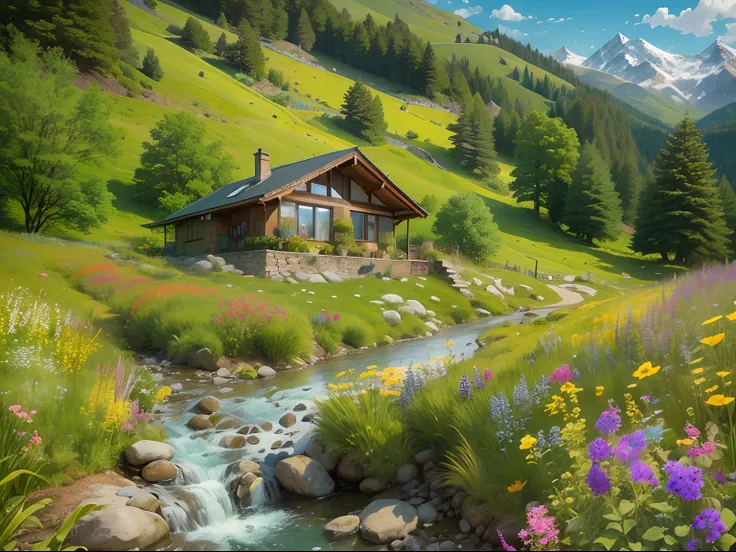 Detached holiday house, On the hillside,There is a stream next to it, wildflowers,snow mountains,blue-sky.