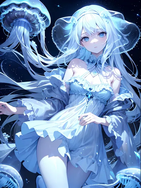 (Masterpiece, Best quality, ultra high resolution),1girl,(jellyfish girl,black jellyfish),beautiful and detailed face, detailed eyes,on a meadow, jellyfish flying in the air, night, starry sky,(grey and blue theme)