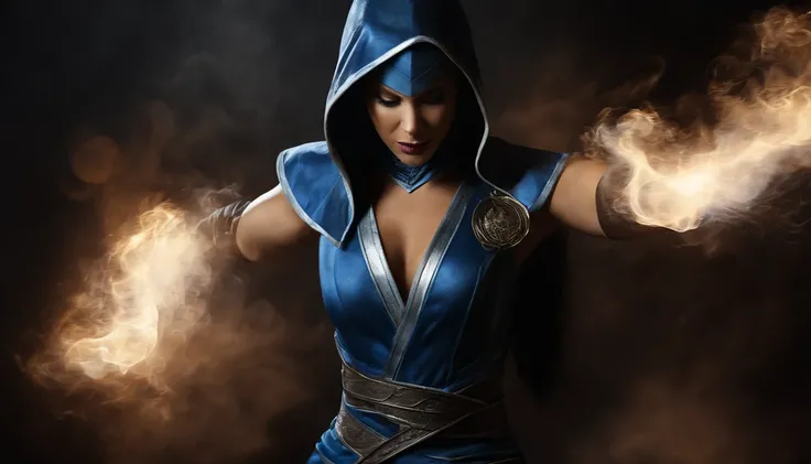 ((Kitana do Mortal Kombat, ultra realistic)), (((corpo inteiro))), ((perfect hands)), atordoante, hyper realistic, octan render, surrounded by the effect of smoke and lightning, Estilo Mortal Kombat, Fundo antigo, elegante, atordoante, (papel de parede), a...