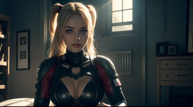 Harley Quinn (tetas grandes, Cyber suit) от DC Comics, CGI with clear focus, Photorealistic, high detail, Realistic, Masterpiece, absurdress, Best Quality, HDR, hiquality, hight resolution, Extremely detailed, 8k wallpaper, intricate details, 8K UHD, Full-...