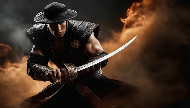 ((Kung lao do mortal Kombat, ultra realistic)), (((corpo inteiro))), ((perfect hands)), atordoante, hyper realistic, octan render, surrounded by the effect of smoke and lightning, Estilo Mortal Kombat, fundo antigo, elegante, atordoante, (papel de parede),...