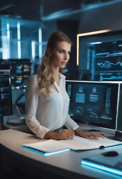 A girl sitting in a futuristic office, surrounded by holographic screens, managing various enterprise resource planning (ERP) software applications. Sparkling lights reflect in her eyes, emphasizing her focused gaze. She wears a sleek, professional outfit,...