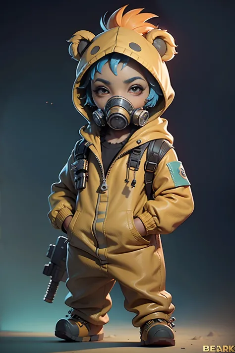 A cuddly (((teddy bear))) in a yellow and cyan coloured graffiti tagged and patched ((camouflage onesie)) wearing a gas mask and carrying a futuristic toy rifle, post apocalyptic art, 3d concept art, digital painting, photorealistic, futuristic realism, ma...