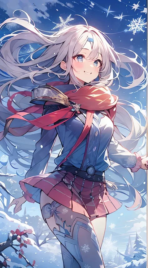 masutepiece, Best Quality,Illustration, Wallpaper, ultra -detail, Absurd beauty, 1beautiful girl、Bright hair color、Glitter and big eyes、Hair fluttering in the wind、ample breasts、♡、Smaller head、Winter scene、miscievous smile、Angle looking up from below