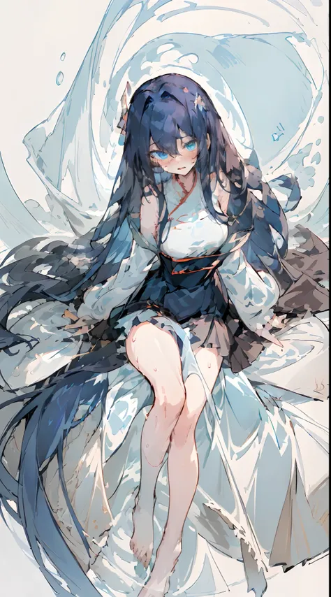 (Masterpiece, Best quality) (Masterpiece, Best quality) (Masterpiece, Best quality) ，1 girl, ((Blue eyes)), Delicate eyes, Dark blue hair, Long hair,Messy hair,Hairstyles, Blue Hanfu, Large breasts,( Slender legs:1.35), Barefoot,Wet,embarressed,((Blush)),S...