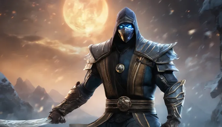 ((Subzero do mortal Kombat, ultra realistic)), (((corpo inteiro))), ((perfect hands)), atordoante, hyper realistic, octan render, surrounded by the effect of smoke and lightning, Estilo Mortal Kombat, fundo antigo, elegante, atordoante, (papel de parede), ...