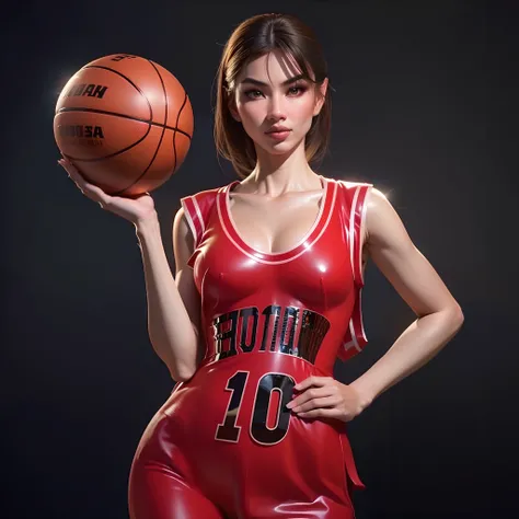 arafed woman in a red latex outfit holding a basketball, wearing basketball jersey, wearing nba jersey, sporty, inspired by Zou Yigui, basketball, photo of slim girl model, tithi luadthong, inspired by Yao Tingmei, wearing a volleyball jersey, inspired by ...