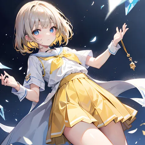 Glowing light brownish yellow with hair and pupils，Blue and white school uniforms，With a silver crystal pendant，Sweet loli girl，The whole is shining