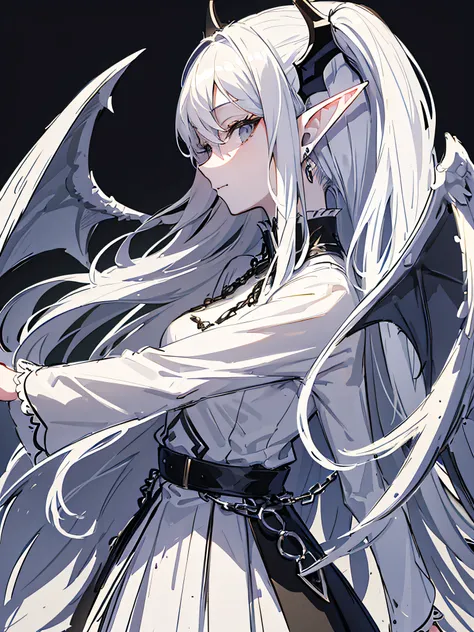 masterpiece, acura, 1girl, solo, beautiful dress, long white hair, elf ears vampire wings, profile close-up, iron chains background, line drawing, looking at viewer, grey eyes, photogenic pose ((sketch))