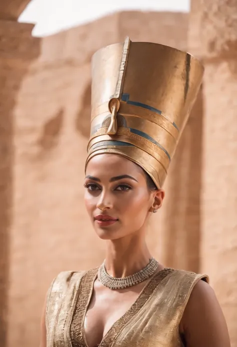 Beautiful egyption queen Nefertiti posing to camera, happily proud brave face expression, egyption face, middle eastern,