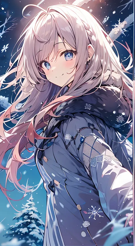 masutepiece, Best Quality,Illustration, Wallpaper, ultra -detail, Absurd beauty, 1beautiful girl、Bright hair color、Glitter and big eyes、Hair fluttering in the wind、ample breasts、♡、Smaller head、Winter scene、miscievous smile、Angle looking up from below