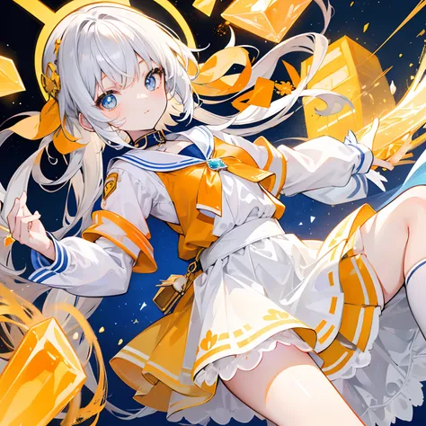 A light orange-yellow color with glowing hair and pupils，Blue and white school uniforms，With a silver crystal pendant，Sweet loli girl，The whole is shining