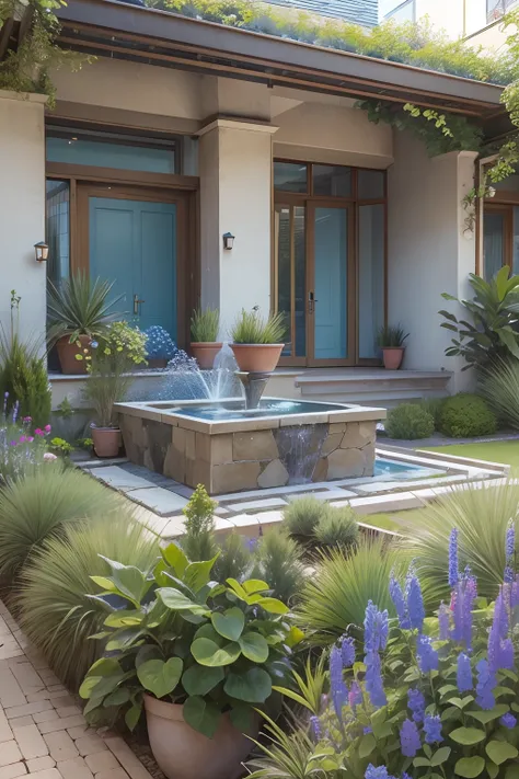 Single-storey house in the suburbs,Patio, The fountain, Around small blue flowers