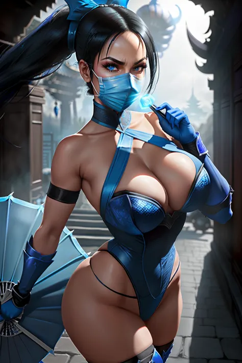 ((kitana from mortal kombat series))(she has big glowing blue eyes)(red lips) (long straight black hair)((very huge breasts)) (perfect slim body) (she wears blue outfit, blue face mask, long blue gloves long blue stockings)(hold on hand 2 metal fan) (she i...