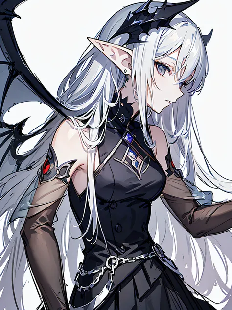 masterpiece, acura, 1girl, solo, beautiful dress, long white hair, elf ears vampire wings, profile close-up, iron chains background, line drawing, looking at viewer, grey eyes, photogenic pose ((sketch))