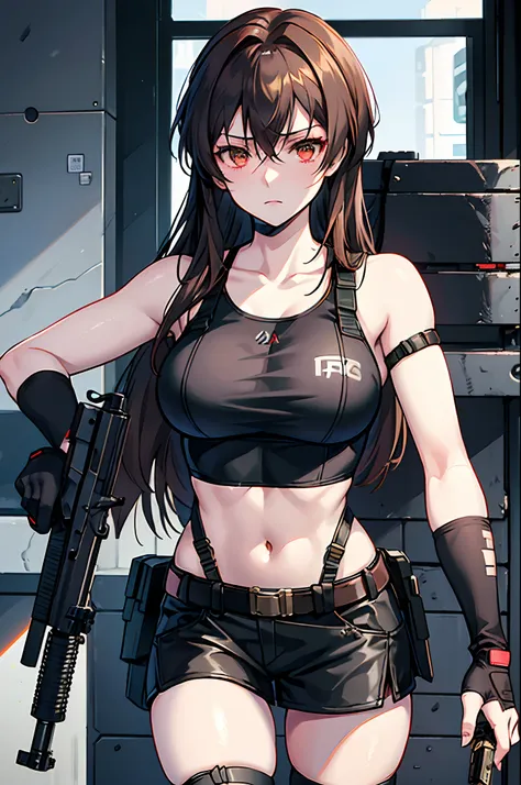 a close up of a woman with a gun in her hand, revy black lagoon, revy from black lagoon, fine details. girls frontline, quiet from metal gear solid, from girls frontline, m4 sopmod ii girls frontline, quiet from metal gear solid v, tifa, kusanagi, soldier ...