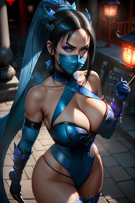 ((kitana from mortal kombat series))(she has big glowing blue eyes)(red lips) (long straight black hair)((very huge breasts)) (perfect slim body) (she wears blue outfit, blue face mask, long blue gloves long blue stockings)(hold on hand 2 metal fan) (she i...