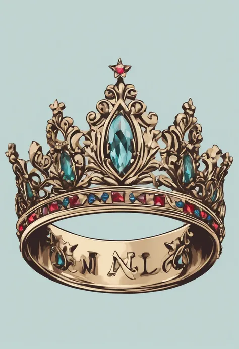 /imagine prompt: Jewelry crown illustration on flesh color background sticker, English fancy font M combined with crown，Bold outline style, Jagged edges, Trash core, Light Shadow --V 5.2