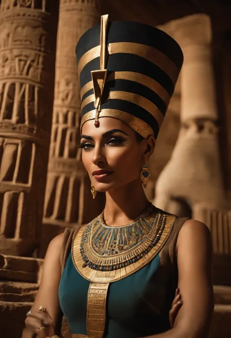 Beautiful and elegant queen Nefertiti standing in full body, backgroundof pyramids, happily proud brave face expression, egyption face, middle eastern, intricate accessories details with ancient egyption inscriptions, fashion full shot, no crop, cinematic ...