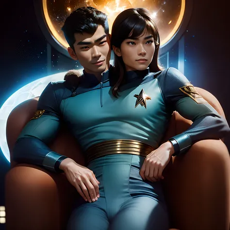 2heads:1.5, asian man, black man 18 years old, black straight hair, wide hips,wide shoulders, thin waist, big bulge:1.5,brown hair,very thick rimmes,smiling skinny, wearing a  star trek suit,, delicate body hair visible, sitting at a star trek set, very de...