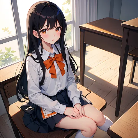 Super delicate cute girl in school uniform with black hair、a junior high school student、14years、8K Ultra High Definition, Delicate texture, The long-haired、‎Classroom、with blush cheeks、Puzzled、Looks Back、Brightly colored clothing、Orange eyes