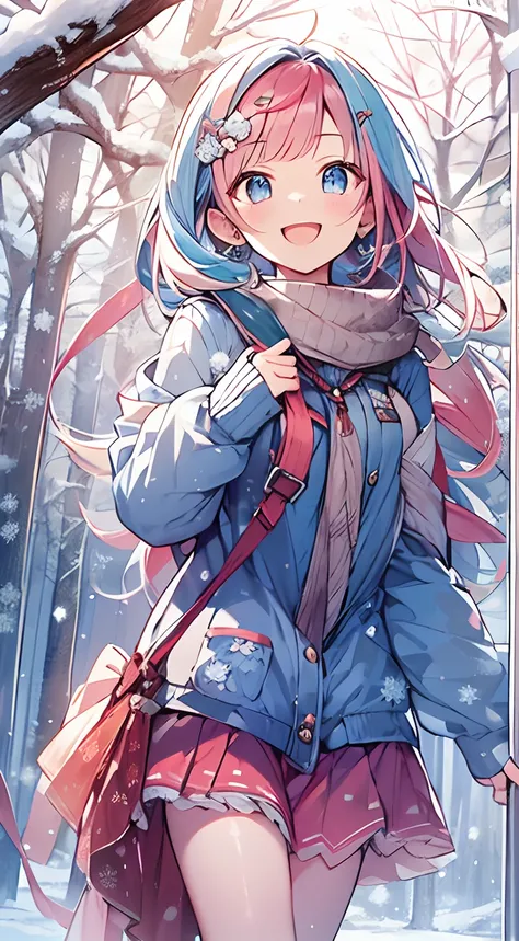 masutepiece, Best Quality,Illustration, Wallpaper, ultra -detail, Absurd beauty, 1beautiful girl、Bright hair color、Glitter and big eyes、Hair fluttering in the wind、ample breasts、♡、Smaller head、Winter scene、miscievous smile、bustup