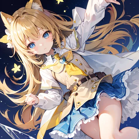 Glowing light brownish yellow with hair and pupils，Blue and white school uniforms，With a silver crystal pendant，Sweet loli girl，The whole is shining