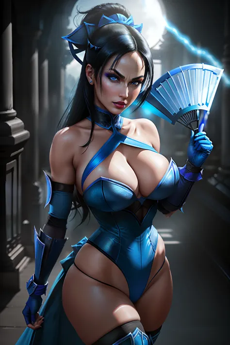 ((kitana from mortal kombat series))(she has big glowing blue eyes)(red lips) (long straight black hair)((very huge breasts)) (perfect slim body) (she wearsblue outfit, long blue gloves long blue stockings)(hold on hand 2 metal fan) (she is inside a dark a...