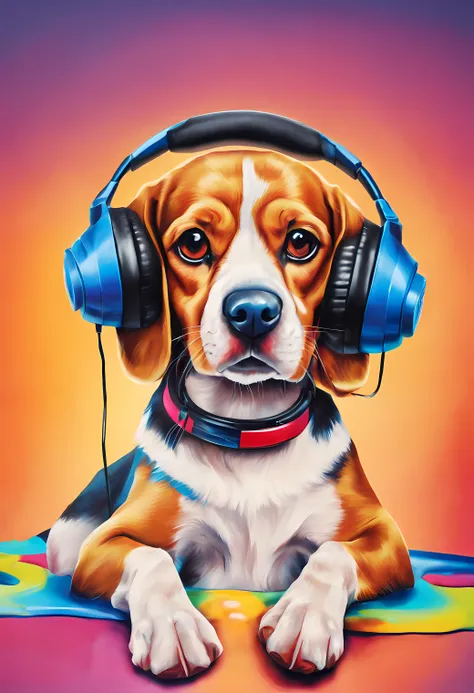 um cachorro  beagle, pintura estilo 3d aquarela, dj dog listening to music, dj beagle dog, imagem completa, high resolution high...