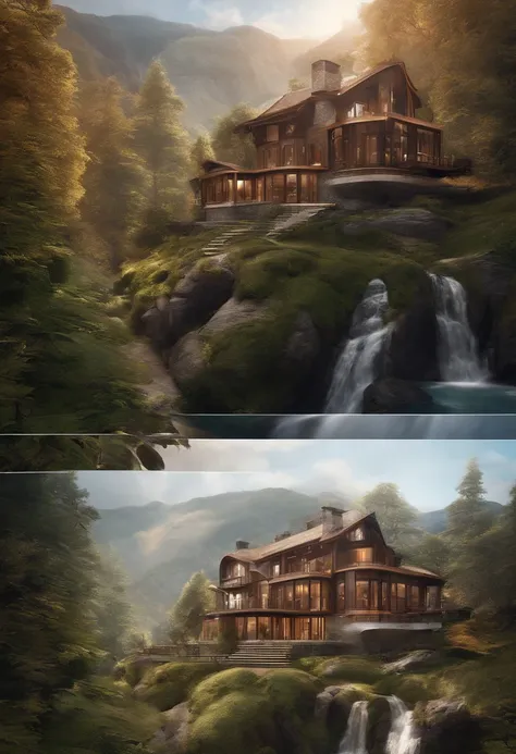 house embedded in designed mountainous terrain,waterfal dramatic dynamic octane render intricate details architectural photography, architecture style steampunk art by  Artgerm