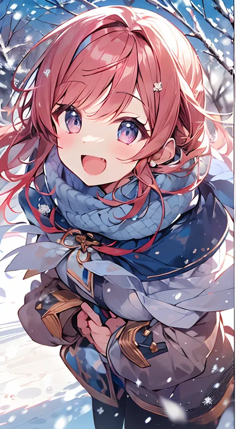 masutepiece, Best Quality,Illustration, Wallpaper, ultra -detail, Absurd beauty, 1beautiful girl、Bright hair color、Glitter and big eyes、Hair fluttering in the wind、ample breasts、♡、Smaller head、Winter scene、miscievous smile、bustup