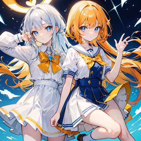 A light orange-yellow color with glowing hair and pupils，Blue and white school uniforms，With a silver crystal pendant，Sweet loli girl，The whole is shining