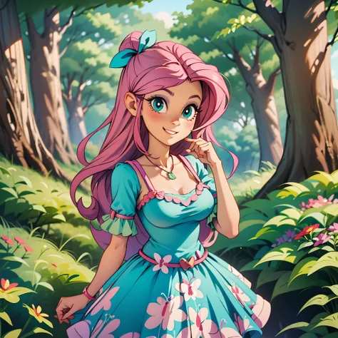 fluttershy from equestria girls wearing a sexy dress posing with an adorable and tender smile, in a forest, lots of colorful flowers