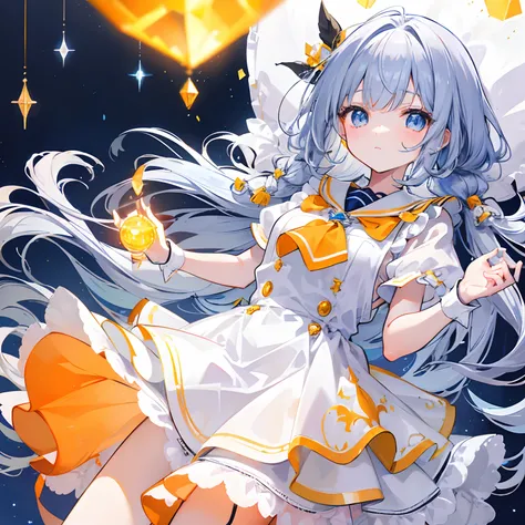 Glowing light orange-yellow，There is hair and pupils，Blue and white school uniforms，With silver crystal pendant，Sweet loli girl，Overall shine