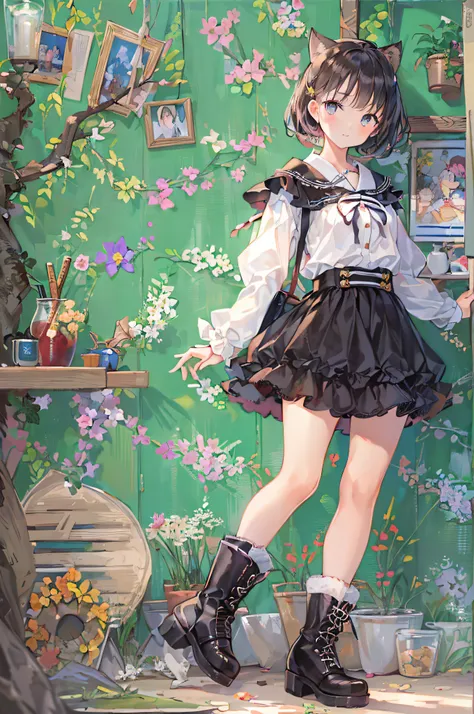 Beautiful illustration、
(8K, Raw photography, top-quality, ​masterpiece:1.2), (realisitic, Photorealsitic:1.37), ultra-detailliert, 1 rapariga, 独奏, cute little, Beautiful fece、 ruffle blouse,flared skirt,boots,