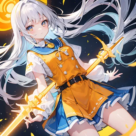 Glowing light orange-yellow，There is hair and pupils，Blue and white school uniforms，With silver crystal pendant，Sweet loli girl，Overall shine