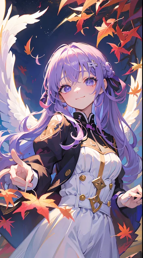 masutepiece, Best Quality,Illustration, Wallpaper, ultra -detail, Absurd beauty, 1beautiful girl、Light purple hair、Glitter and big eyes、Hair fluttering in the wind、♡、Smaller head、((Autumn landscape))、miscievous smile、Angle looking up from below、blue eyess、...