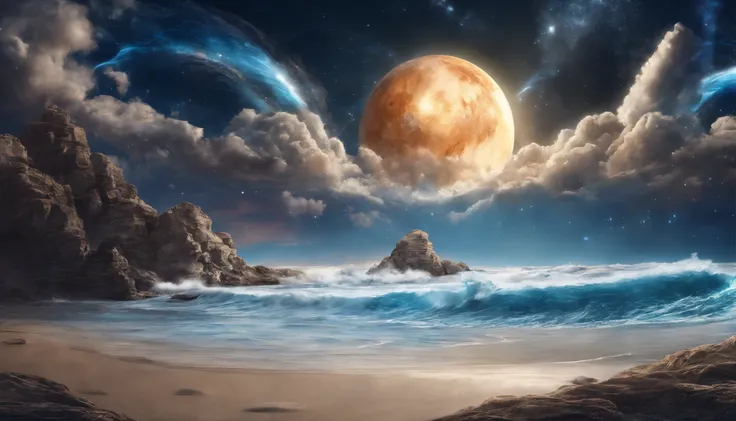 huge planet, the night, starrysky, surrealism, masutepiece, hight resolution、Impressive Milky Way:1.9、sand beach、Vast blue ocean、Blue Waves、Blue glacier、lightning bolt:1.9、Protoplanets、pure beauty